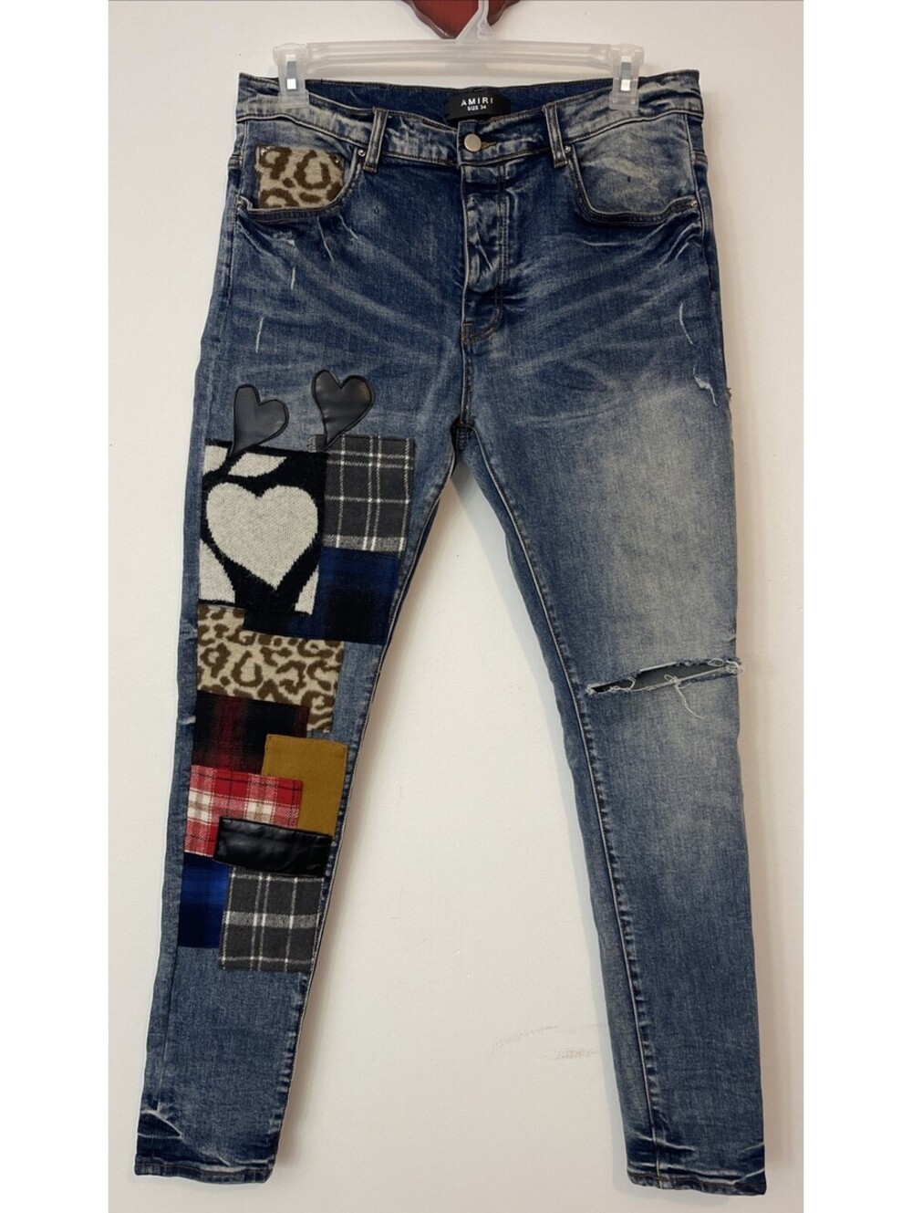 Amiri Mens 34 Blue Patchwork Ripped Slim-Fit Button-Fly Denim Jeans! M1455